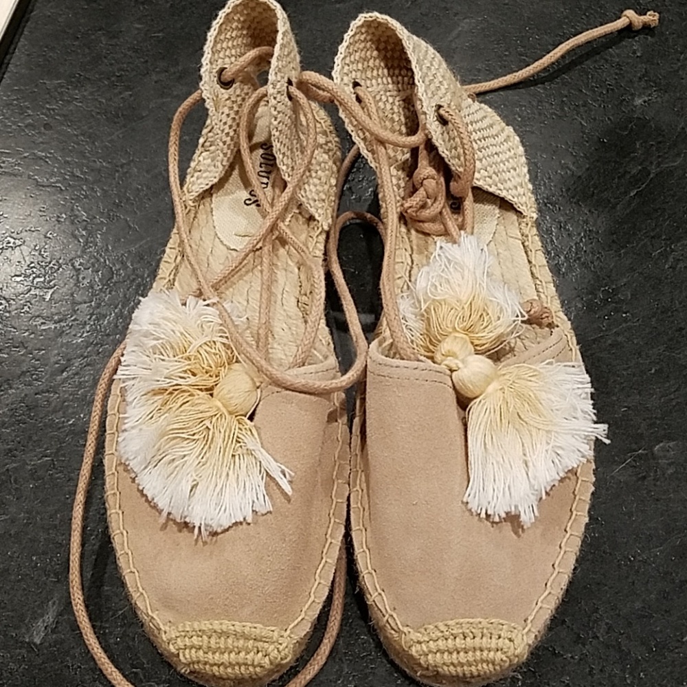 Soludos Beige Suede Espadrille Lace-Up Pom Pom Flats